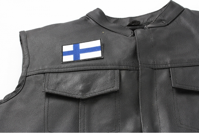 Finland Flag Patch - Iron on Patch - 3x2 inch shown on leather vest