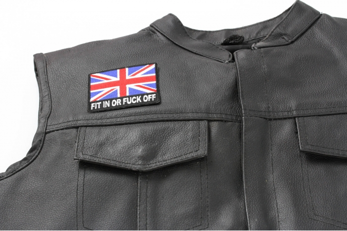 Fit It or Fuck Off British Flag Patch - Iron on Patch - 3x2.6 inch shown on leather vest