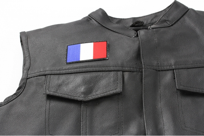 France Flag Patch - 3x2 inch. Embroidered Iron on Patch shown on leather vest