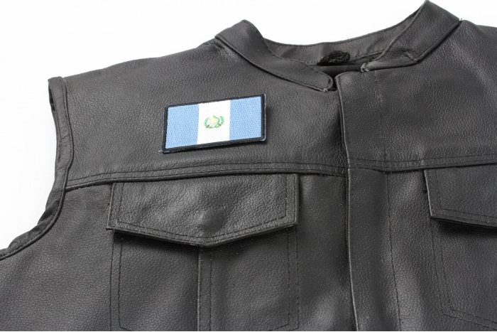 Guatemala Flag Patch - Iron on Patch - 3x2 inch shown on leather vest