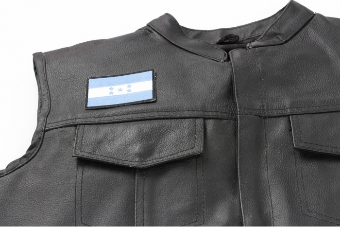 Honduras Flag Patch - Iron on Patch - 3x2 inch shown on leather vest