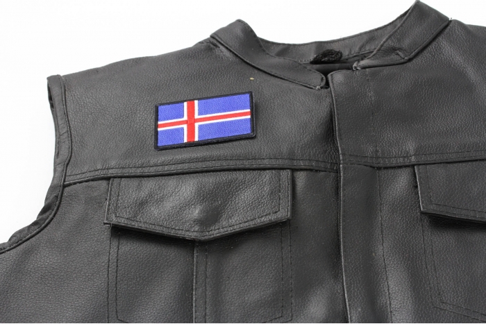 Iceland Flag Patch - Iron on Patch - 3x2 inch shown on leather vest