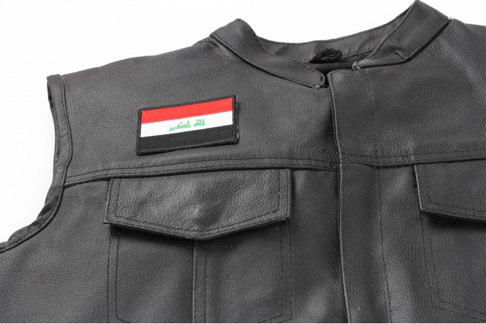Iraq Flag Patch - Iron on Patch - 3x2 inch shown on leather vest
