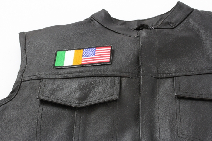 Irish American Flag Patch - 4x1.75 inch. Embroidered Iron on Patch shown on leather vest