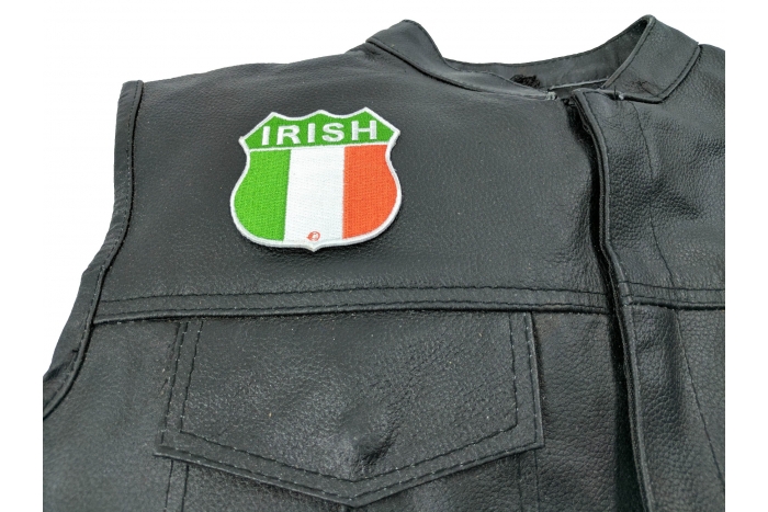 Irish Shield Flag Patch - 2.75x2.75 inch. Embroidered Iron on Patch shown on leather vest