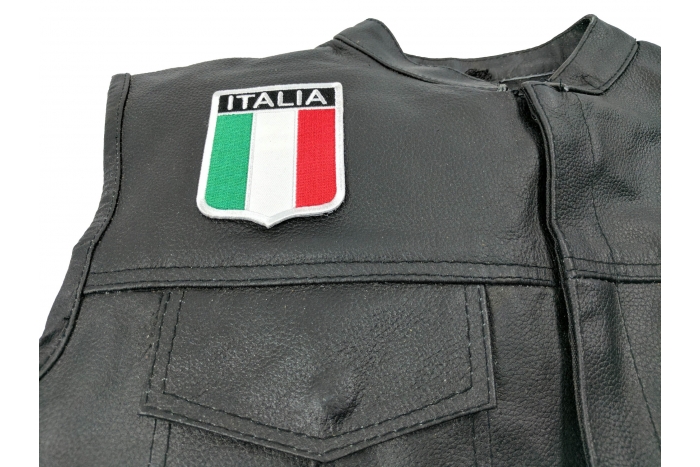 Italia Shield Patch - 2.5x3.25 inch. Embroidered Iron on Patch shown on leather vest