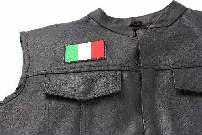 Italian Flag Patch - 3x2 inch. Embroidered Iron on Patch shown on leather vest