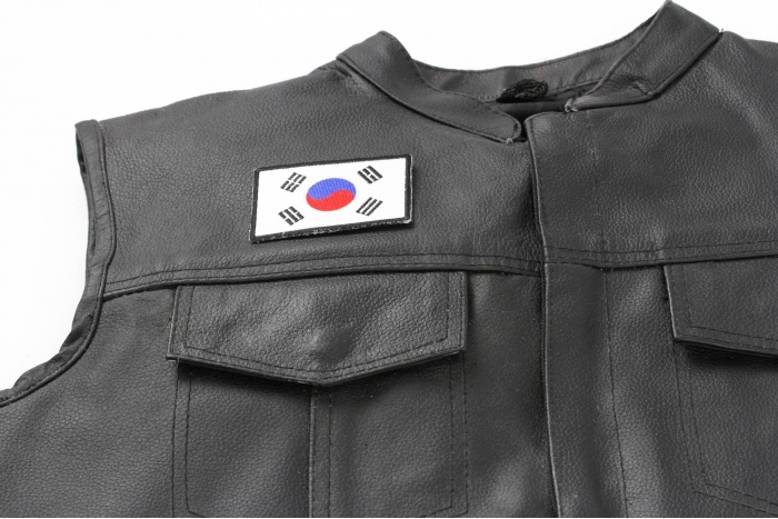 Korean Flag Patch - 3x2 inch. Embroidered Iron on Patch shown on leather vest