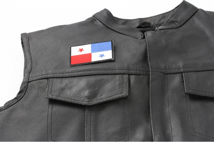 Panama Flag Patch - 3x2 inch. Embroidered Iron on Patch shown on leather vest