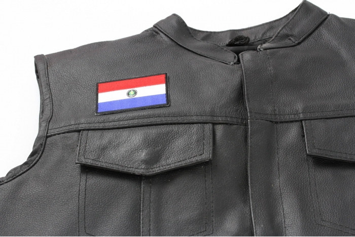 Paraguay Flag Patch - Iron on Patch - 3x2 inch shown on leather vest