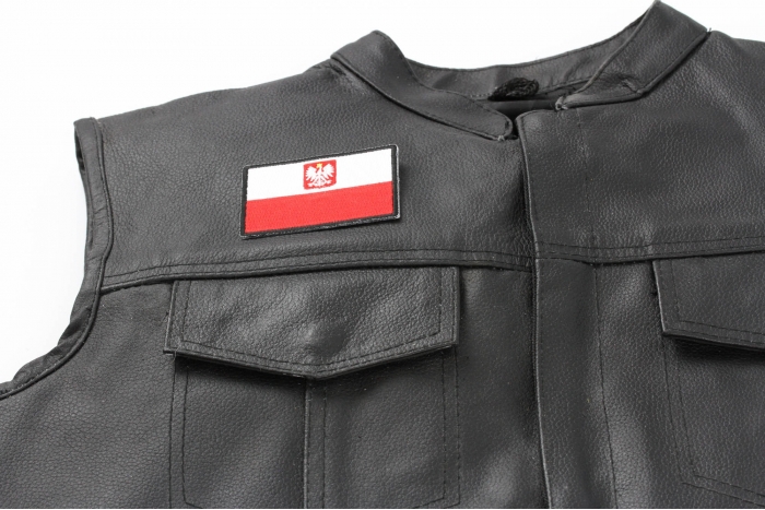 Poland Flag Patch - 3x2 inch. Embroidered Iron on Patch shown on leather vest