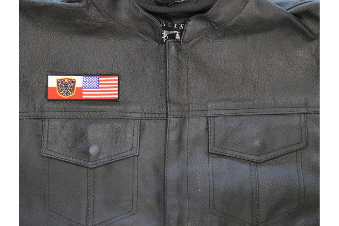 Polish American Flag - 4x1.5 inch. Embroidered Iron on Patch shown on leather vest