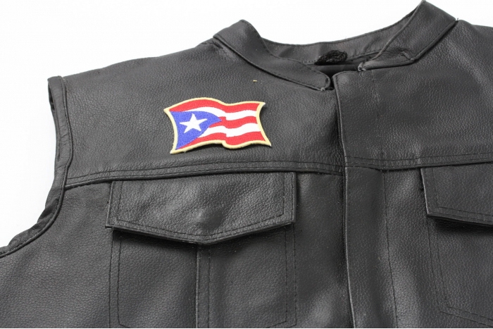 Puerto Rico Flag Patch - 3x2.5 inch. Embroidered Iron on Patch shown on leather vest