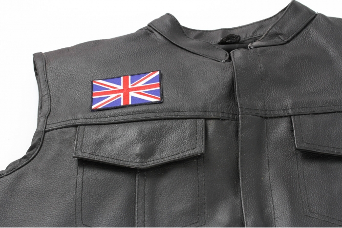 United Kingdom Flag Patch - 3x2 inch shown on leather vest
