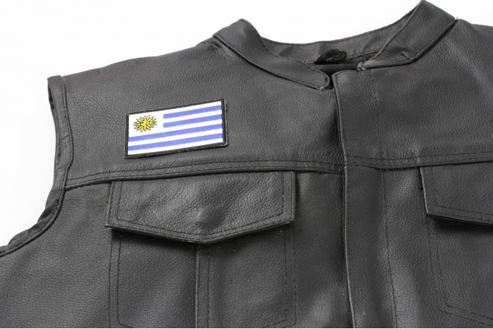 Uruguay Flag Patch - Iron on Patch - 3x2 inch shown on leather vest