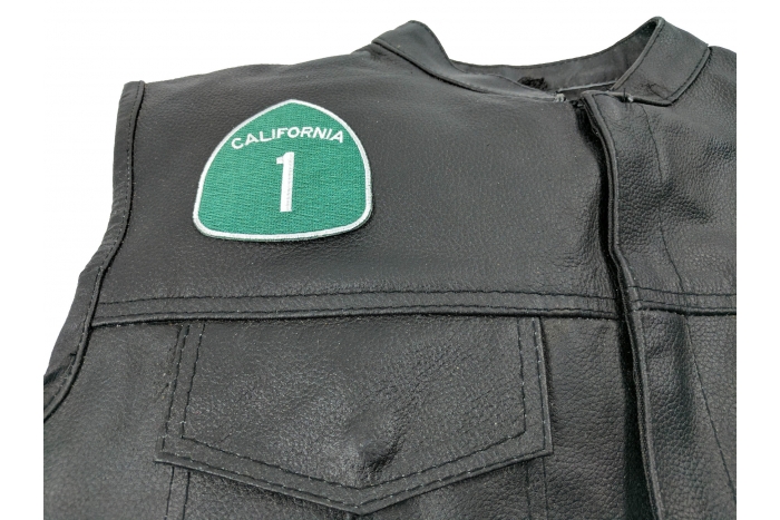 California Route 1 Patch - 3x3 inch. Embroidered Iron on Patch shown on leather vest