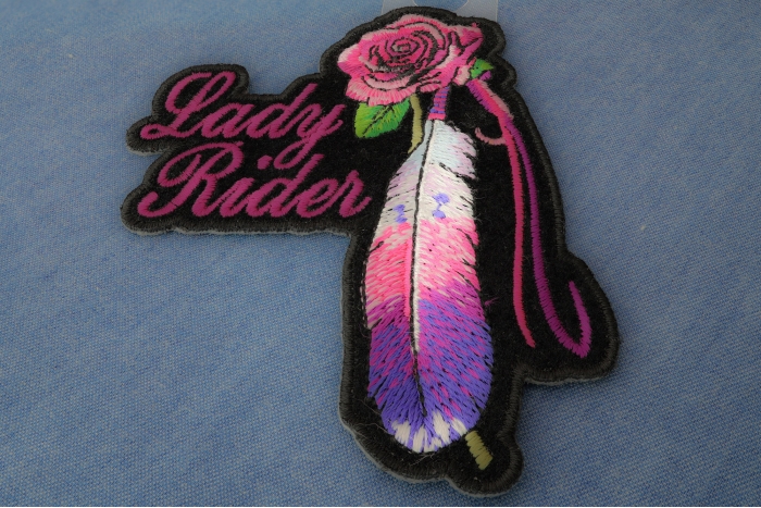 Lady Rider With Purple Rose and Feather Vertical Small Patch diagonal view
