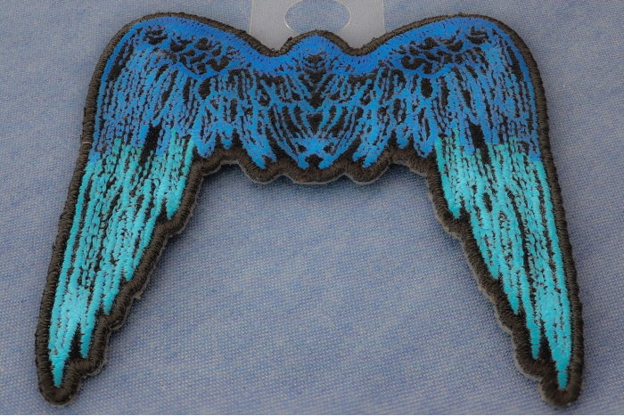 Small Angel Wings Biker Patch Blue diagonal view