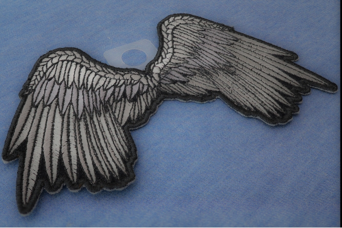 Small Beautiful Angel Wings Grey Biker Patch diagonal view