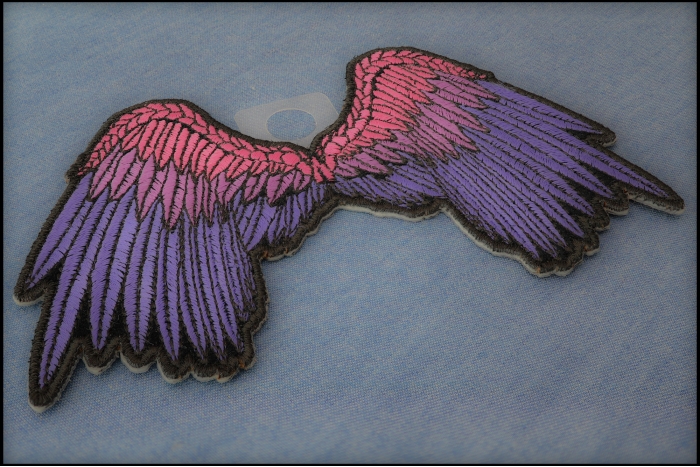 Small Beautiful Angel Wings Pink Biker Patch diagonal view