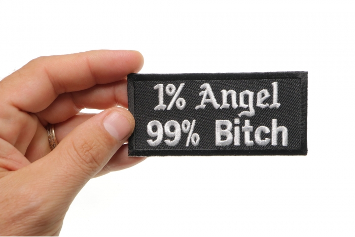 1 Percent Angel 99 Percent Bitch Patch, Funny Patches for Adults shown on hand for size comparison