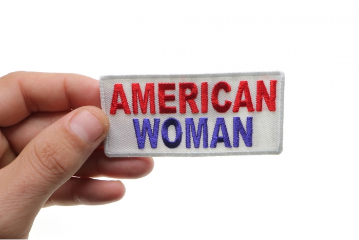 American Woman Patch, Funny Patches for Ladies shown on hand for size comparison