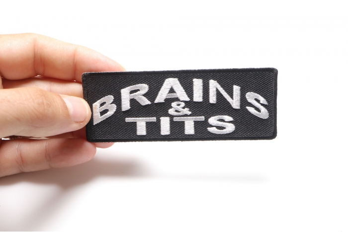 Brains and Tits Patch, Funny Saying Patches shown on hand for size comparison