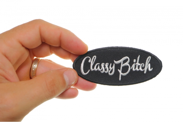 Classy Bitch Patch, Funny Patches for Adults shown on hand for size comparison