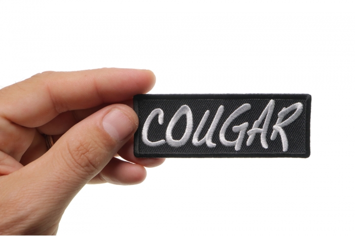 Cougar Patch, Funny Patches for Ladies shown on hand for size comparison