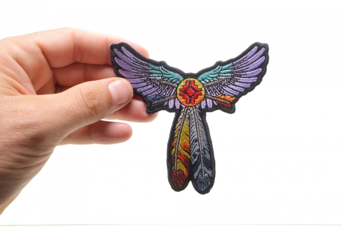 Winged Feathers Patch, Iron on Patches shown on hand for size comparison