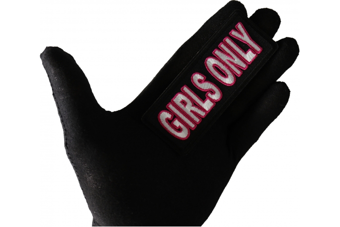 Girls Only Patch shown on hand for size comparison