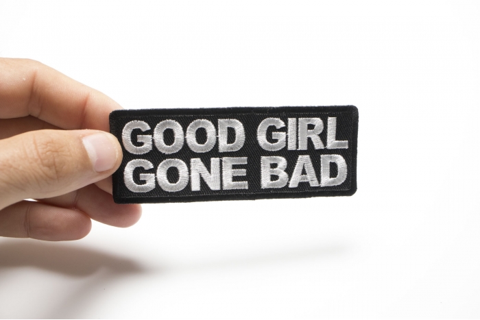 Good Girl Gone Bad Patch, Funny Patches for Ladies shown on hand for size comparison