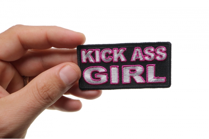 Kick Ass Girl Patch, Funny Patches for Ladies shown on hand for size comparison