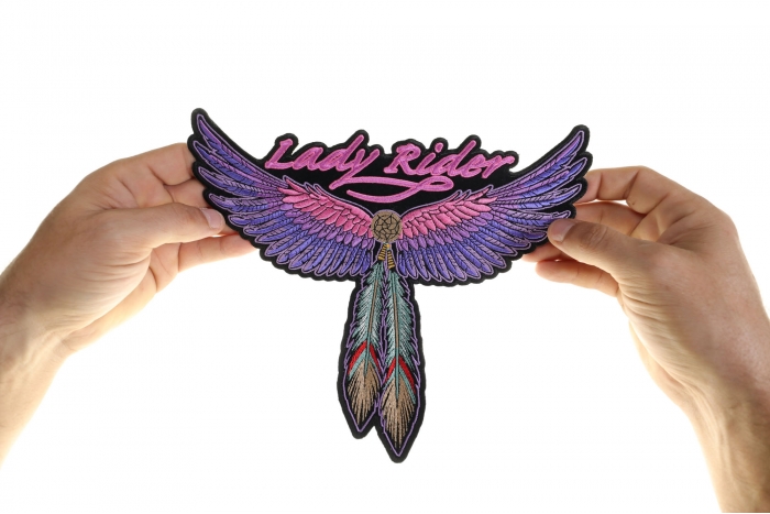 Wings and Feathers Lady Rider Patch, Large Ladies Back Patches for Jackets shown on hand for size comparison