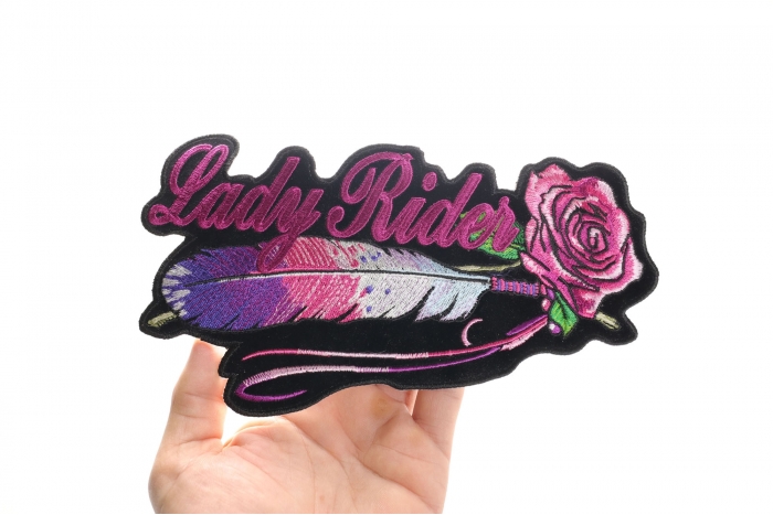 Feather Rose Lady Rider Patch, Large Ladies Back Patches for Jackets shown on hand for size comparison