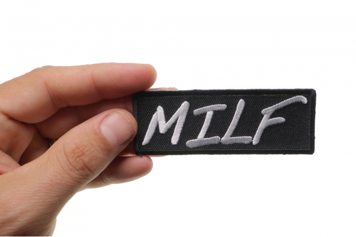 Milf Patch, Funny Patches for Adults shown on hand for size comparison