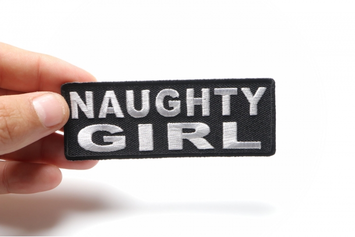 Naughty Girl Patch, Funny Patches for Adults shown on hand for size comparison