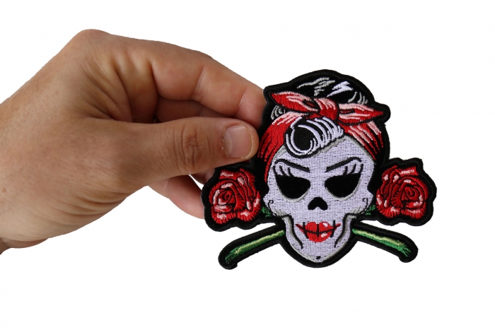 Lady Skull and Roses Patch, Biker Skull Patches shown on hand for size comparison