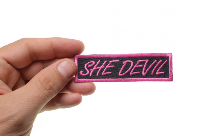 She Devil Patch, Funny Patches for Ladies shown on hand for size comparison