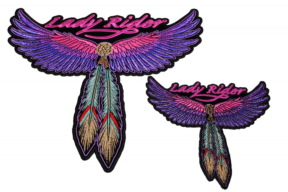 Lady Rider 2 Piece Front and Back Patch Set With Pink and Purple Wings and Feathers