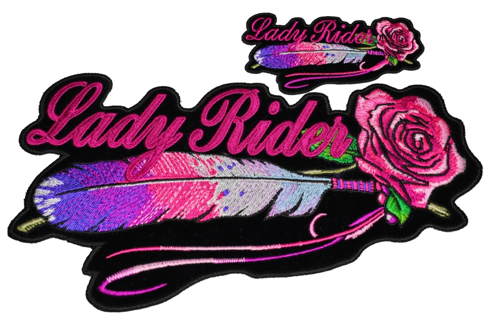 Lady Rider Patches 2 Piece Pink Feather and Rose Small and Large Patch Set