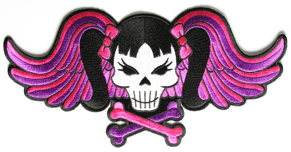 Pigtails Bow Skull and Wings Large Pink Patch