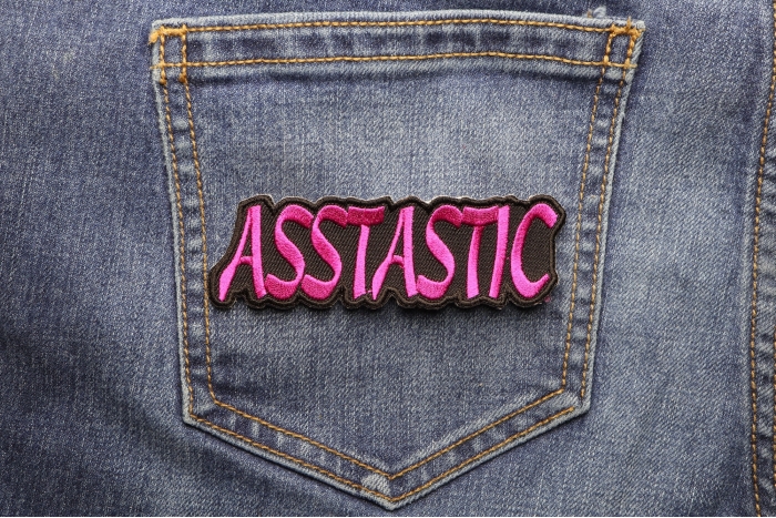 Asstastic Pink Funny Patch shown on jeans