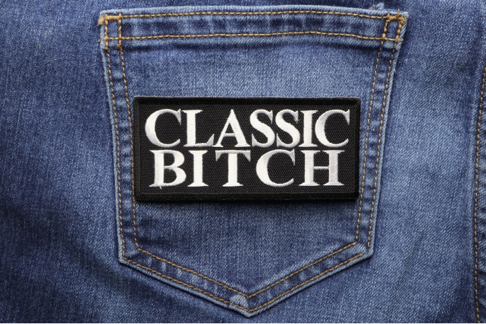 Classic Bitch Patch shown on jeans