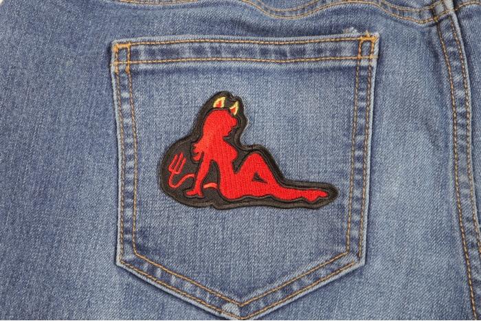 Devil Girl Patch shown on jeans