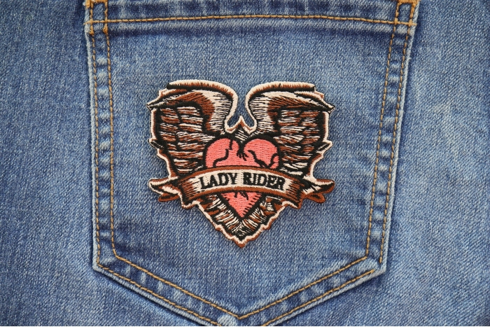 Gothic Heart and Wings Lady Rider Patch shown on jeans