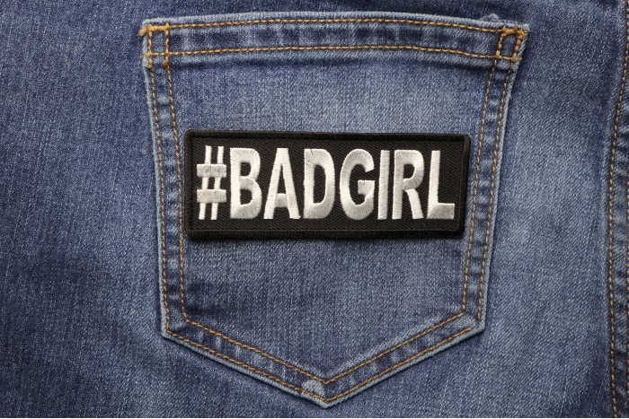 Hashtag Bad Girl Patch shown on jeans