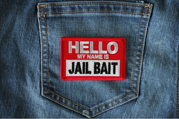 Hello My Name is Jail Bait Patch shown on jeans