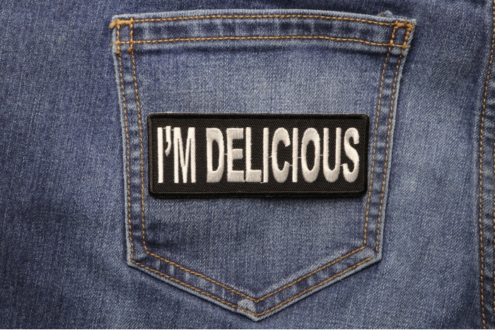 I'm Delicious Patch shown on jeans