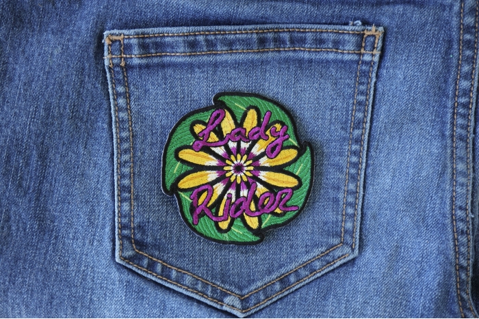 Lady Rider Flowers Iron on Patch shown on jeans